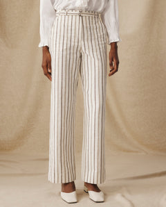 BROOKE | Pantalón Recto de Algodón y Lino con Rayas en Crudo