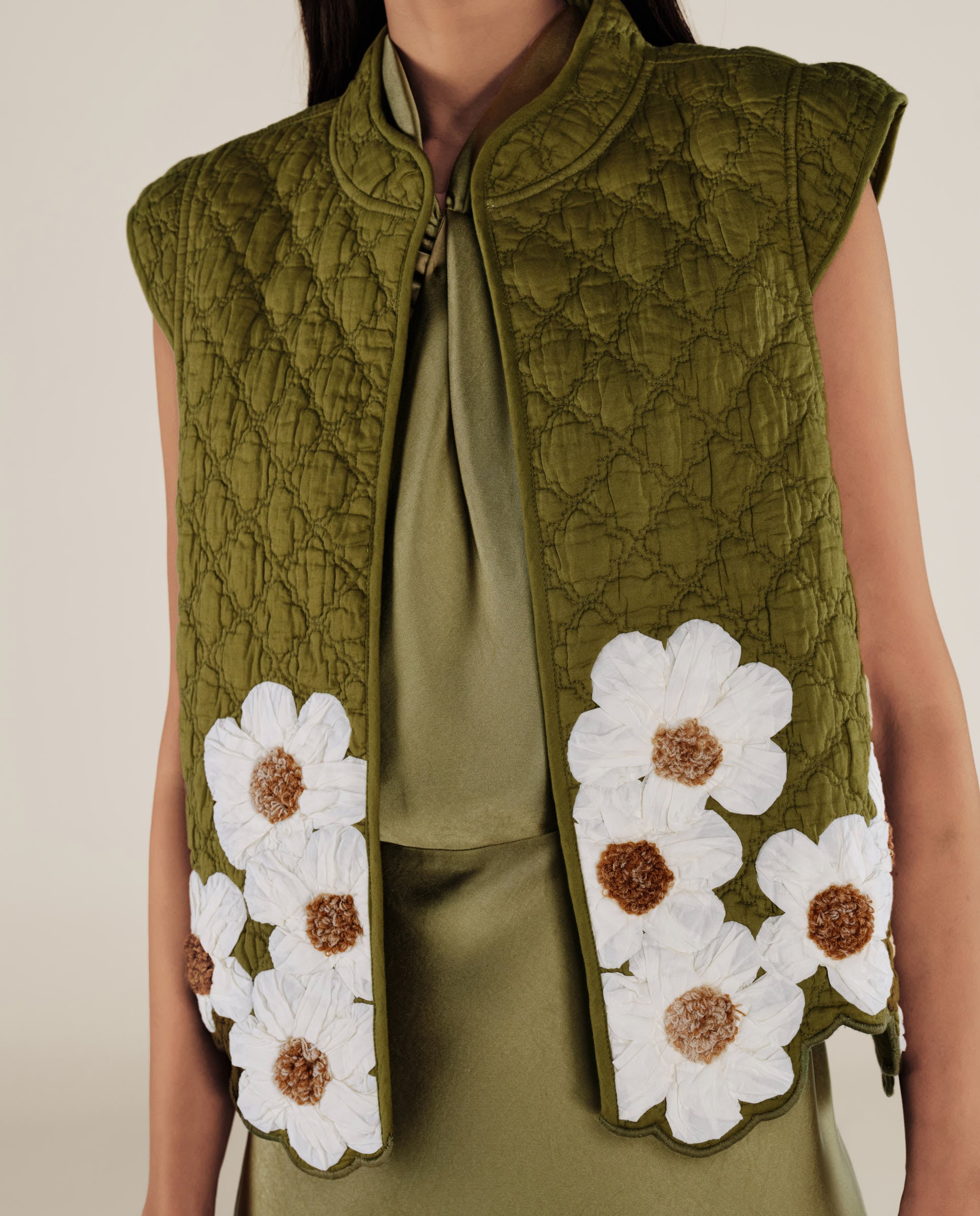 CRISTINA | Chaleco de Algodón con Flores Verdes