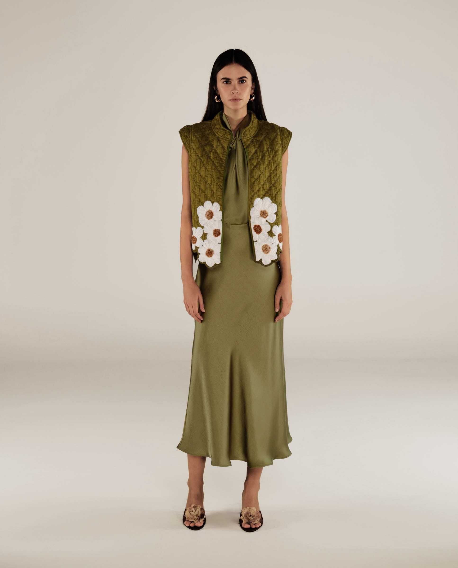 CRISTINA | Chaleco de Algodón con Flores Verdes